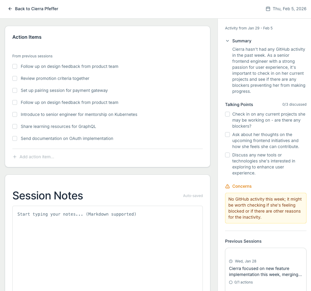 Cocommit session view showing AI-generated prep, talking points, and action items